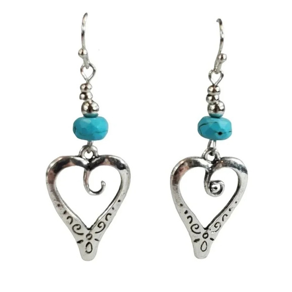 Western Boho Heart cutout beaded Dangle Turquoise Earrings - Picture 2 of 2